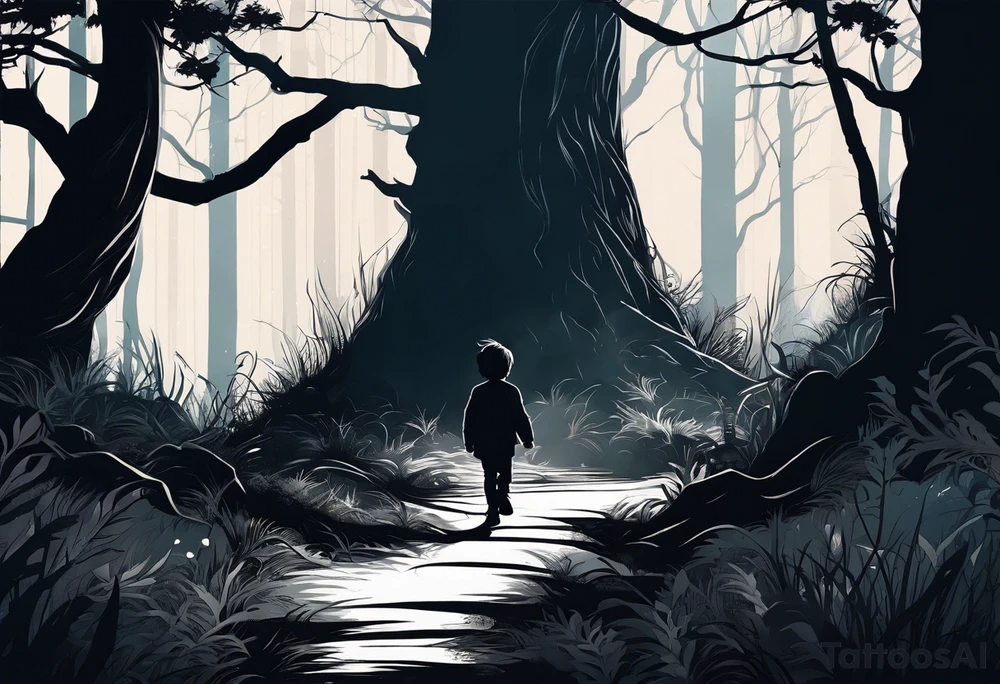 A silhouette of a young child walking through a dark, evil forest tattoo idea