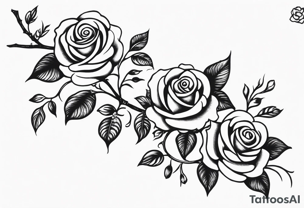 draw image of sleeve tattoo that has 65 small roses on a vine, they can be different sizes. It is long and narrow in design so it fits on an arm. The vine has some leaves and thorns but not too many. The roses will be a mix of small and medium size with some front on and others side on. tattoo idea