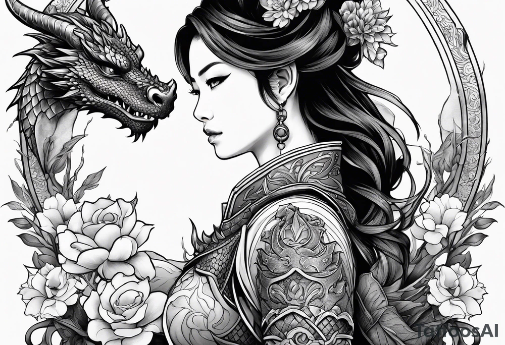 beautiful warrior woman wearing dragon armor and a floral background and a dragon a full picture tattoo idea