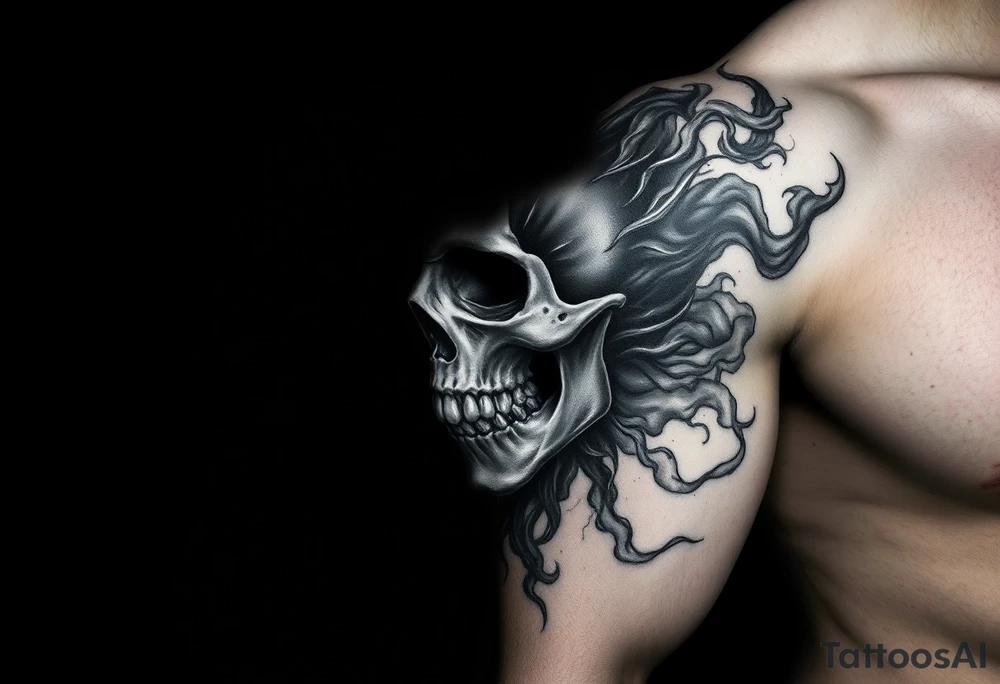 Abstract skull imagery blended into smoke and shadow, symbolizing fear used as a weapon, fragmented skull dissolving into mist, tactical darkness, psychological warfare theme, blackwork realism, dramatic contrast, tattoo design. tattoo idea