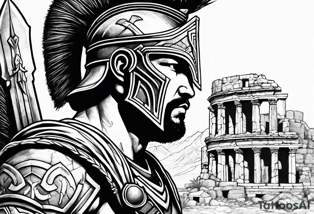 Side profile of spartan soilder with ancient ruins in background tattoo idea