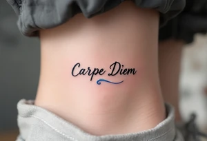 A minimalist monoline black "Carpe Diem" with a small blue wave curling beneath the words. tattoo idea