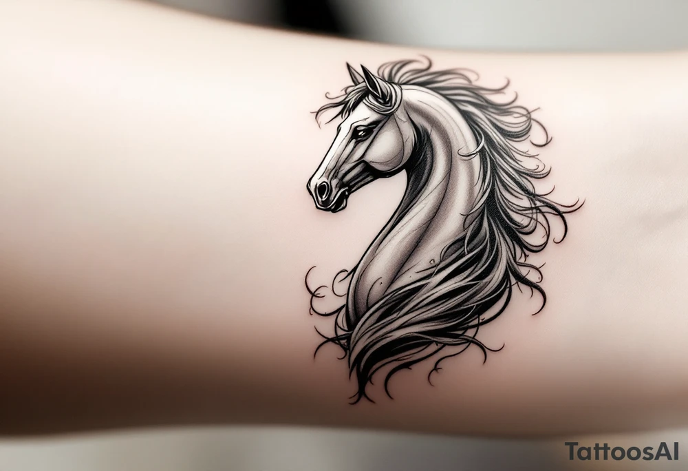 a knight of chess piece. it doesn't have legs, it's a chess piece. 
The knight piece is depicted in motion, slightly tilted forward as if it's charging or coming out of the shadows. The knight’s face is detailed but with a focus on the horse's strong features: its mane flowing in the wind, and the body etched with intricate details to represent strength and agility. The knight is emerging from a shadow, with the front part of the body illuminated in soft, warm light. The shadowed portions near the back and tail create a mystical aura. tattoo idea