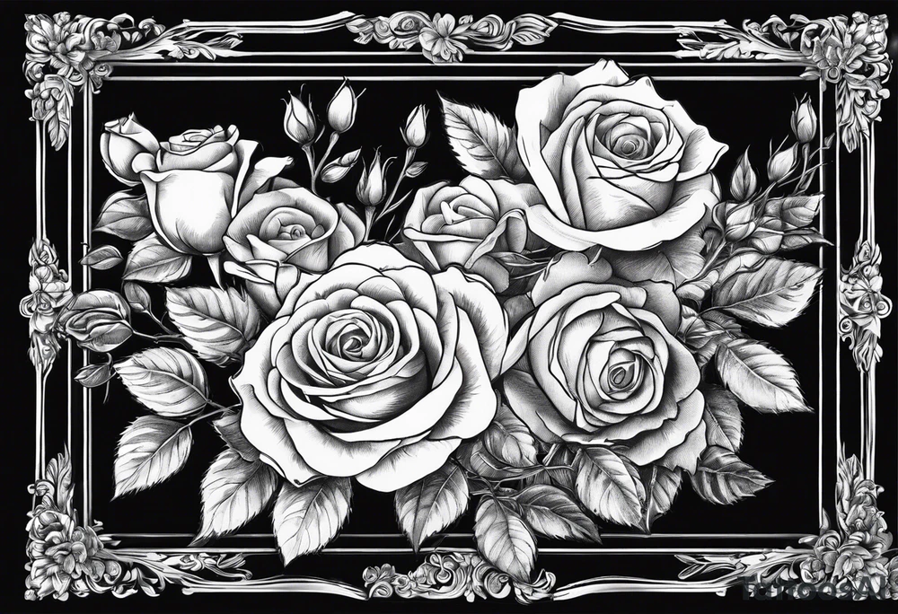 Vintage frame in the frame there are pictures of roses and baby’s breath flowers tattoo idea