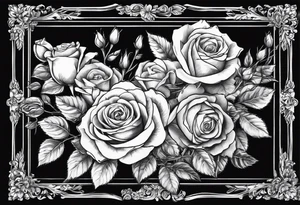 Vintage frame in the frame there are pictures of roses and baby’s breath flowers tattoo idea