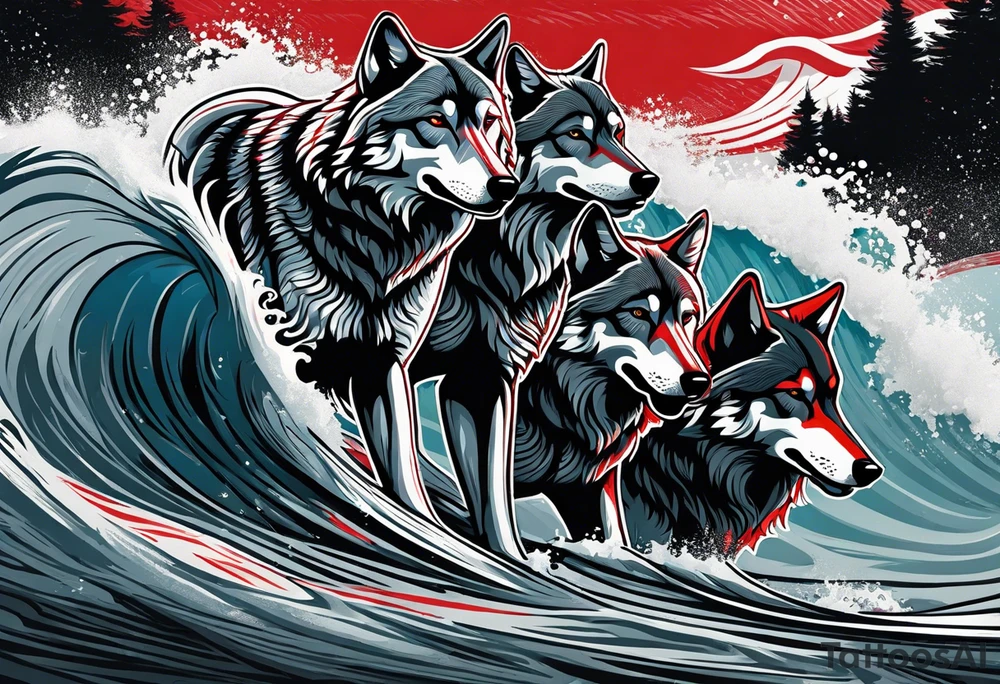 a pack of 3 howling muscular  gray wolves surfing waves with a linear background with red, white and black and gray tattoo idea