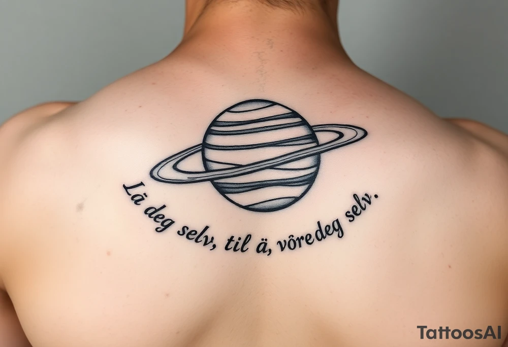 Minimalistic saturn planet, but the text «La deg selv få lovt til å være deg selv» goes around the planet tattoo idea