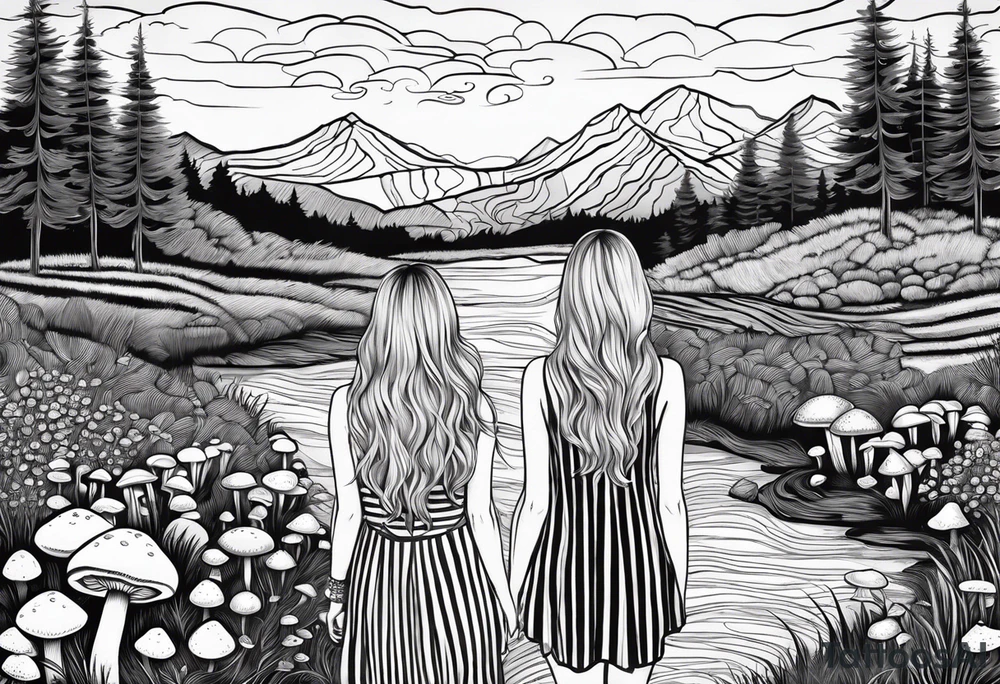 Straight long blonde hair hippie girl in distance holding mushrooms in hand facing away toward mountains and creek surrounded by mushrooms black and white striped dress tattoo idea