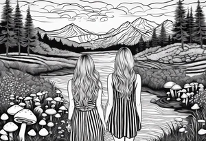 Straight long blonde hair hippie girl in distance holding mushrooms in hand facing away toward mountains and creek surrounded by mushrooms black and white striped dress tattoo idea