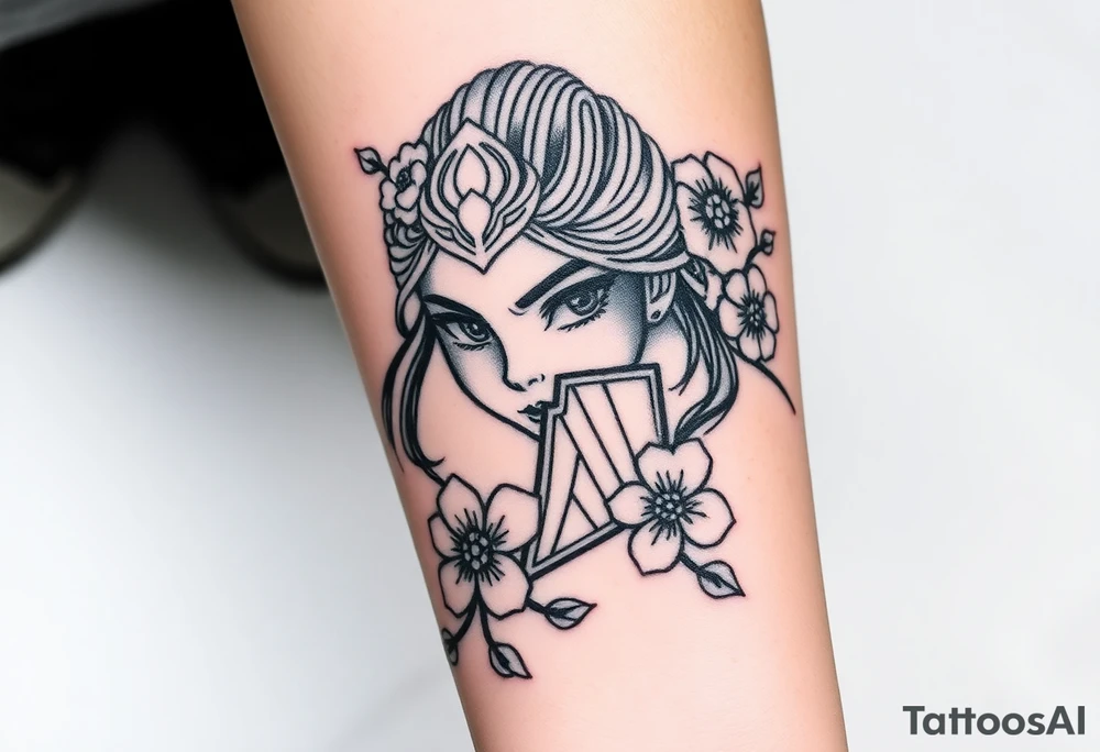 Warrior girl with fan on her face cherry blossoms tattoo idea