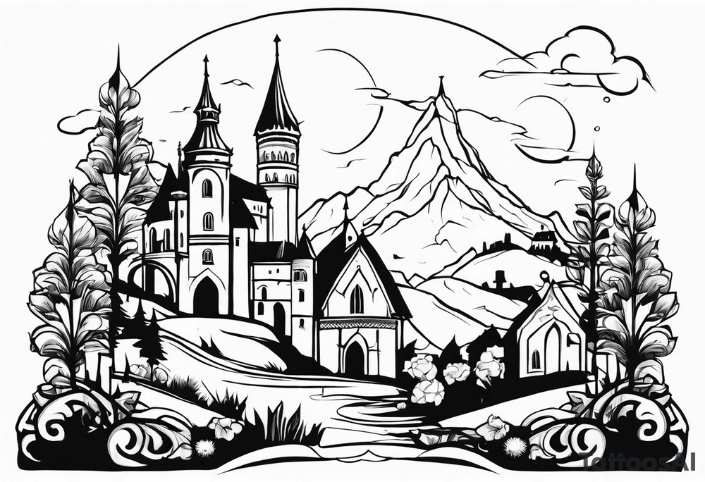 medieval tribal city 
floral  land  vignette tattoo idea