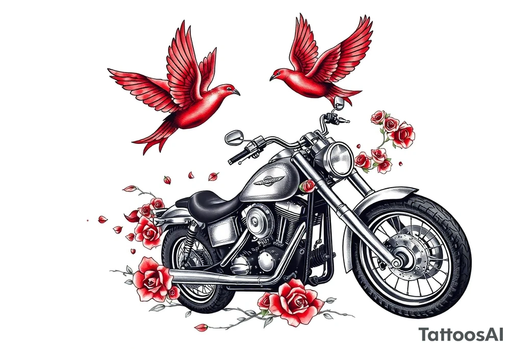 Harley grey motorcycle driving away, two red birds flying, roses, flames, angel wings tattoo idea