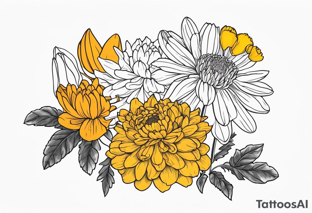 One stemless marigold, chrysanthemum, and
narcissus tattoo idea One stemless marigold, chrysanthemum, and
narcissus tattoo idea