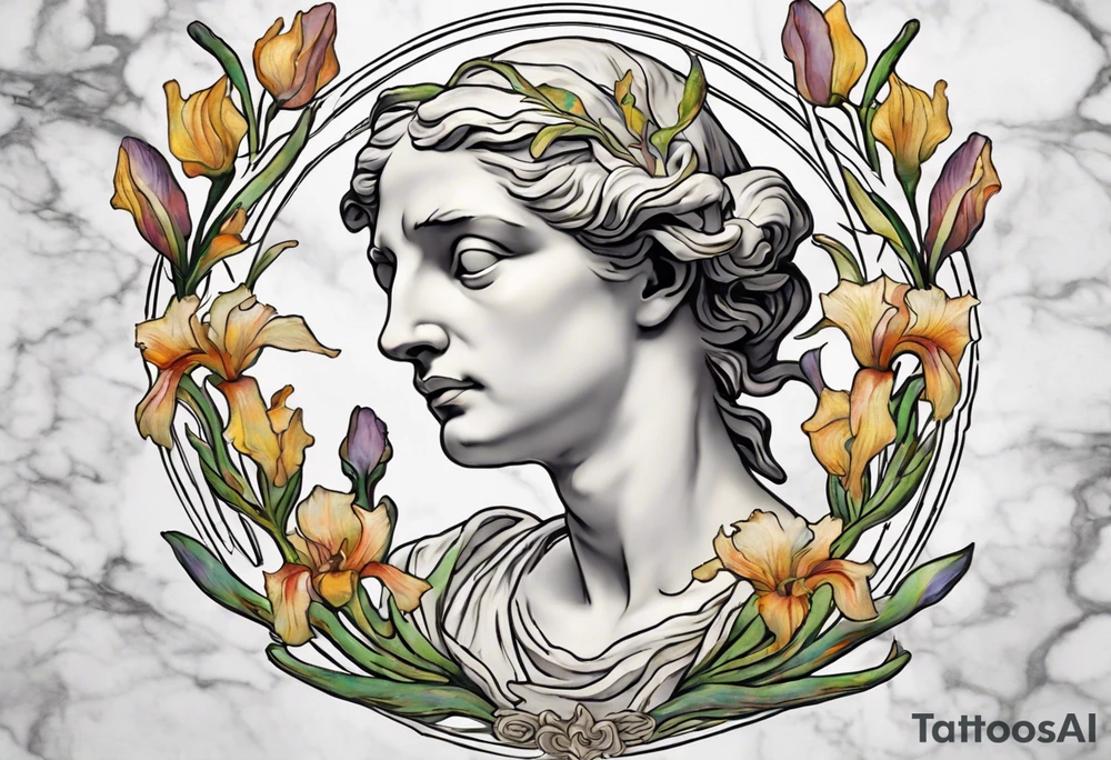 Create a colorful Vincent van Gogh Irises tattoo with an ancient Greek female statue in the middle in white marble. The tattoo should take the form of a crescent, with vines gracefully intertwining at a central point in the middle of the wreath.  The intended placement is on the upper chest. The overall design should be small in size while maintaining a delicate and artistic aesthetic. Pay attention to the graceful flow of the vines and the placement of the irises to achieve a refined and elegant look. tattoo idea