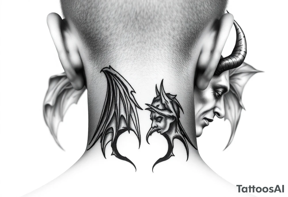 position behind the neck Angel (on the right) whispering in the right ear, demon (on the left) whispering in the left ear tattoo idea