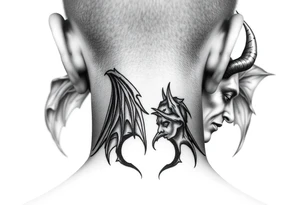 position behind the neck Angel (on the right) whispering in the right ear, demon (on the left) whispering in the left ear tattoo idea