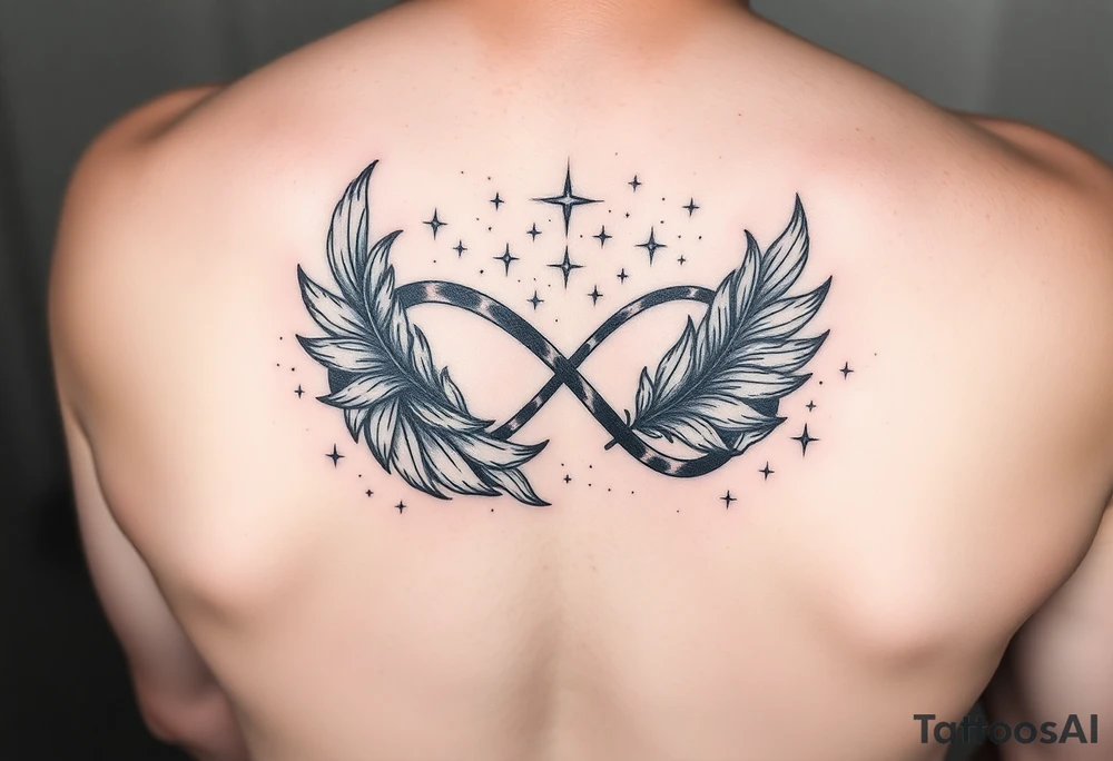 a manly infinity symbol woven with floating feathers and stardust tattoo idea