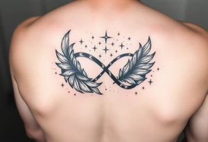a manly infinity symbol woven with floating feathers and stardust tattoo idea