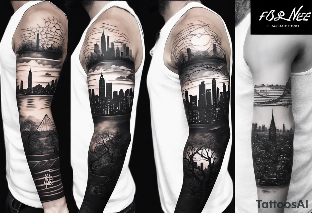 full arm sleeve tattoo a tree that looks like a DNA strand with a city skyline tattoo idea