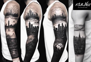 full arm sleeve tattoo a tree that looks like a DNA strand with a city skyline tattoo idea