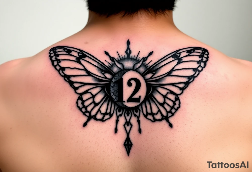 Butterfly, moon and sun, number 12, tattoo idea