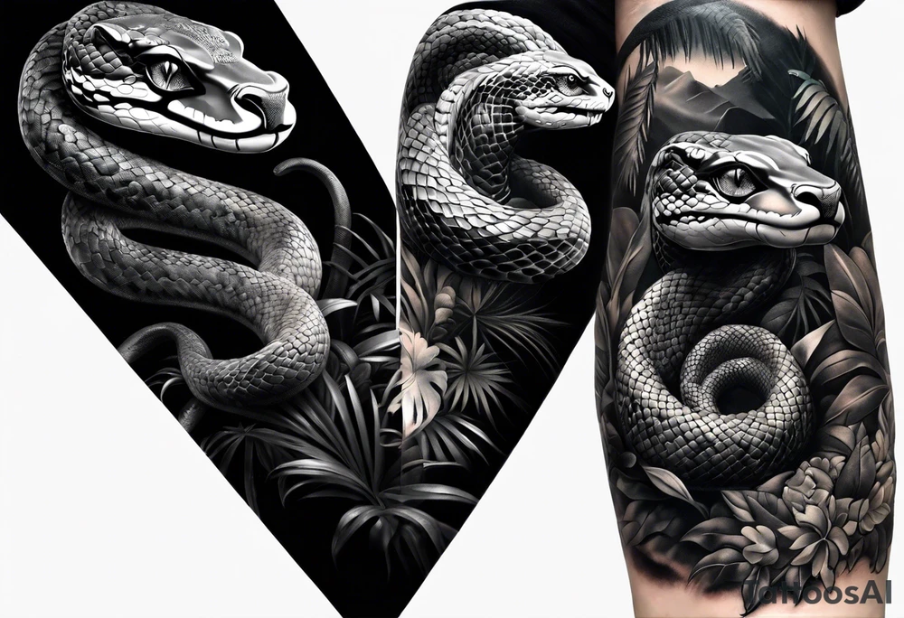 Black and grey realism with a pit viper snake, jaguar, and rainforest background for a forearm sleeve. Create the snake and jaguar to have aggressive features. I want the jaguar and snake separately tattoo idea