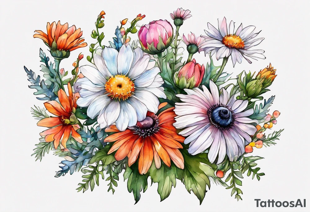 wildflowers with thistles, ferns, white anemones, sun flowers, orange flowers, pink flowers, red flowers, babys breath and daisies all in watercolor tattoo idea