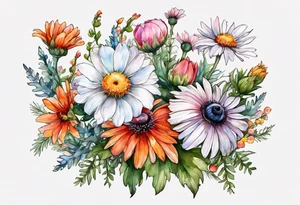 wildflowers with thistles, ferns, white anemones, sun flowers, orange flowers, pink flowers, red flowers, babys breath and daisies all in watercolor tattoo idea