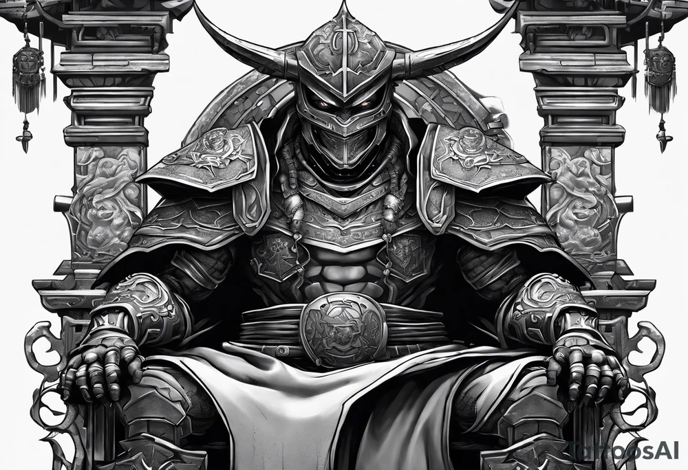 Angry robot demon ninja sitting on his throne tattoo idea