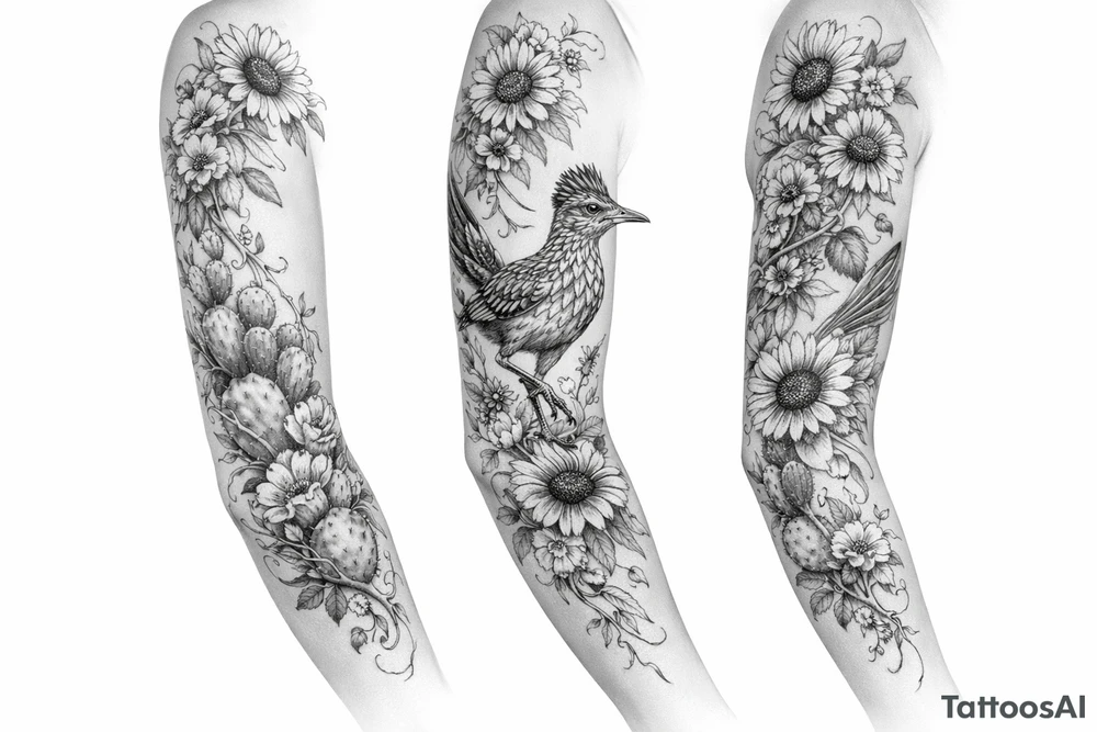 Wildflowers,sunflowers and Indian blanket flowers with vines and cactus with a realistic road runner tattoo idea