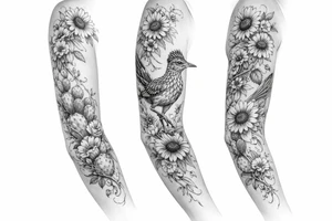 Wildflowers,sunflowers and Indian blanket flowers with vines and cactus with a realistic road runner tattoo idea