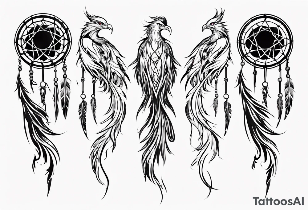 Vertical open mouthed Phoenix with abstract dream catcher tail tattoo idea