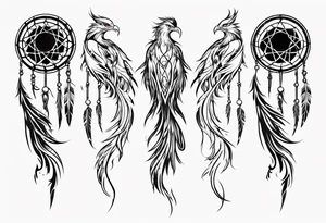 Vertical open mouthed Phoenix with abstract dream catcher tail tattoo idea