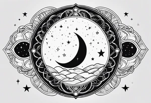 a simple design incorporate moon, jupiter and goddess, with stippled shading and geometric elements, white background tattoo idea