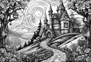full arm sleeve very dark wizard of oz tattoo idea