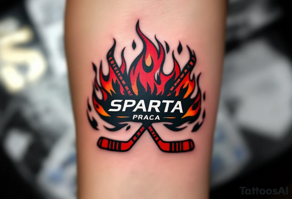 A bold black-and-burgundy Sparta Praha logo with red flames surrounding it and crossed hockey sticks beneath. tattoo idea