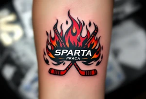 A bold black-and-burgundy Sparta Praha logo with red flames surrounding it and crossed hockey sticks beneath. tattoo idea