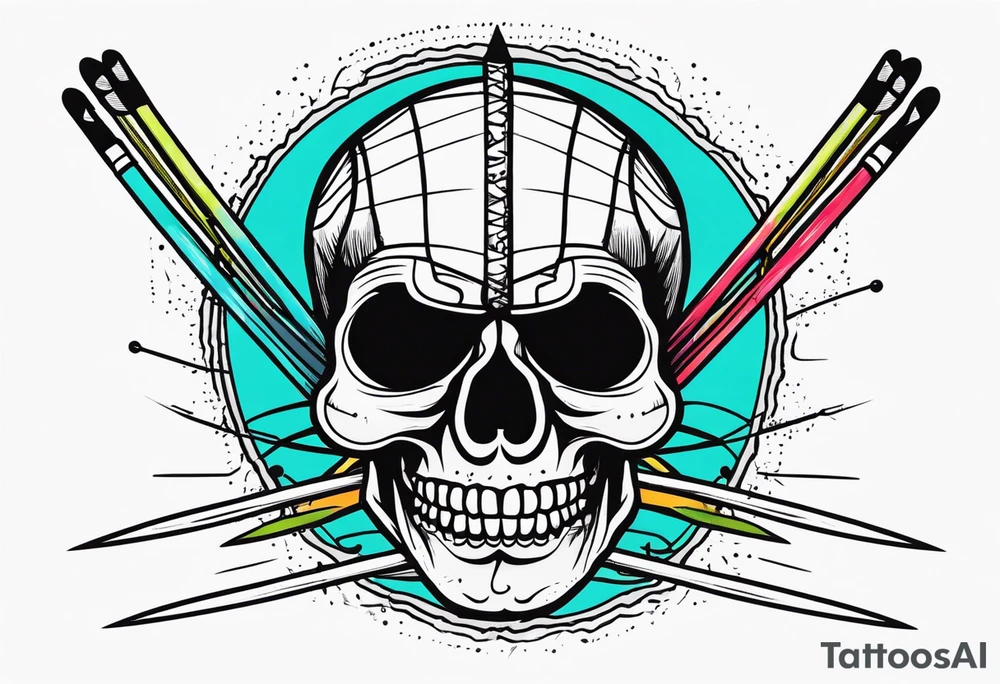 Black line skull with knitting needles stabbing through the eye sockets tattoo idea