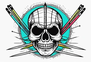 Black line skull with knitting needles stabbing through the eye sockets tattoo idea