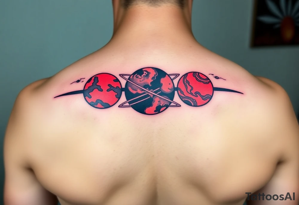 three horizontal planets. Color Black and red with more black tattoo idea