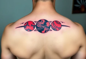 three horizontal planets. Color Black and red with more black tattoo idea