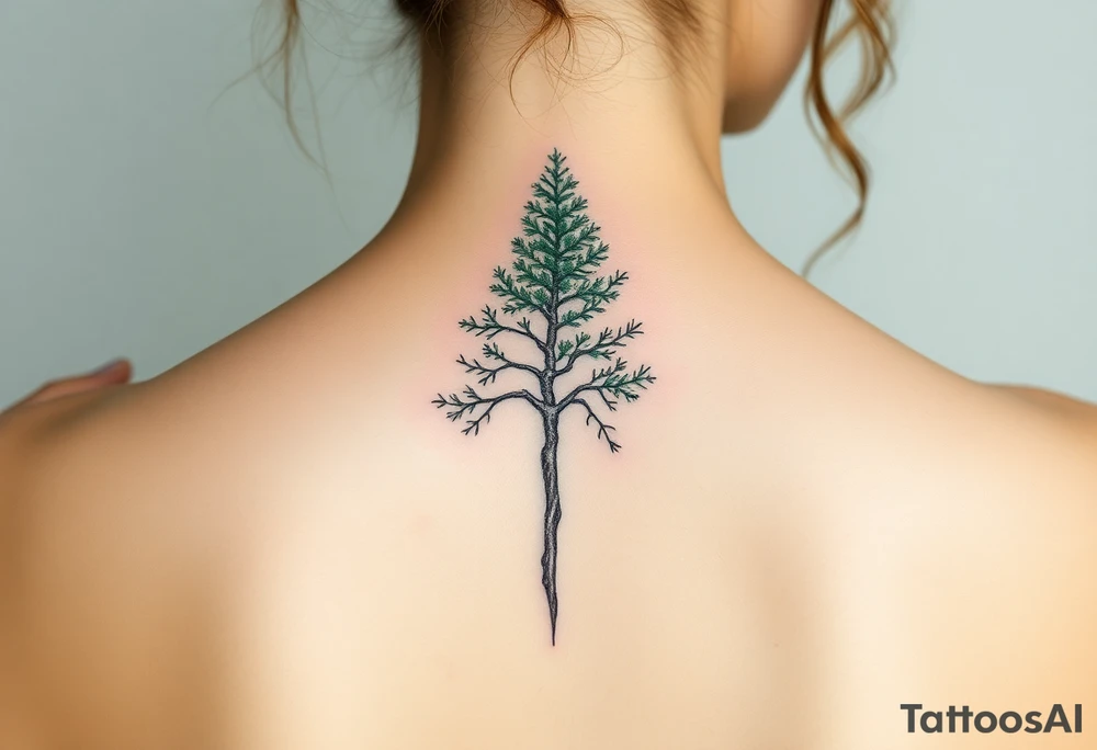 Evergreen tree down spine tattoo idea