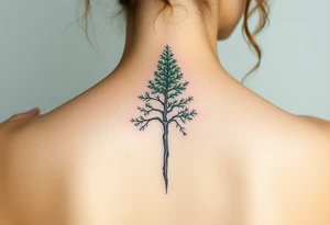 Evergreen tree down spine tattoo idea