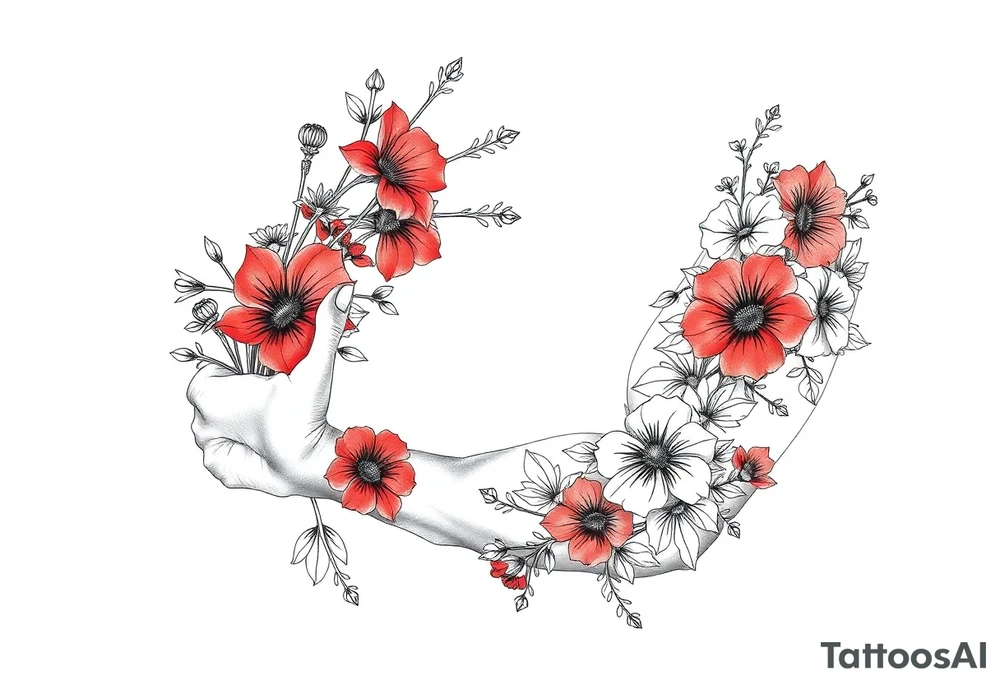 Full sleeve tattoo design of larkspur and hawthorn flowers, highly detailed line art, RED ink, elegant botanical style, intertwined composition, no shading, no human mock-up, clean stencil style suitable for tattooing, fit fully within boundaries. LINE ART ONLY, REMOVE HUMAN, NO SKIN, NO ARM, NO HUMAN BODY PARTS tattoo idea