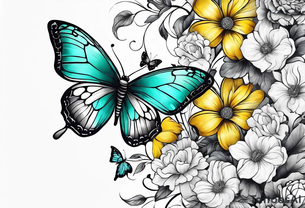 Arm sleeve with yellow and teal flowers and butterflies tattoo idea