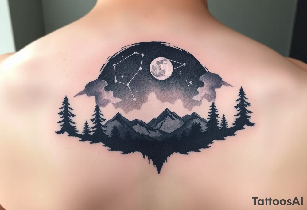 Night sky with a constellations and, stars and moon seen through a frame of natural landscape
silhouette tattoo idea
