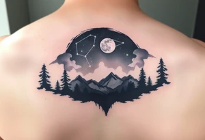 Night sky with a constellations and, stars and moon seen through a frame of natural landscape 
silhouette tattoo idea