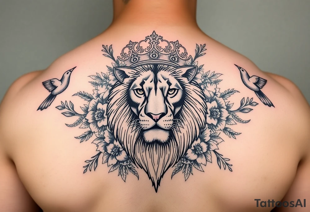 powerful majestic lion with a crown, surrounded by floral ornaments and birds tattoo idea