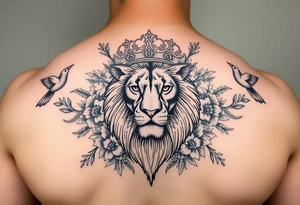 powerful majestic lion with a crown, surrounded by floral ornaments and birds tattoo idea