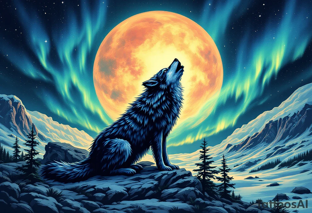lone wolf howling at full moon with northern lights backdrop tattoo idea